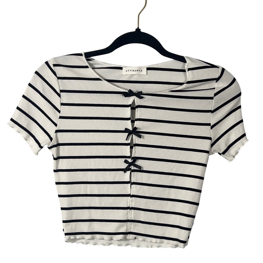 Attirance Black White Striped Cropped Cut‎ Out Short Sleeve Shirt Bows Medium